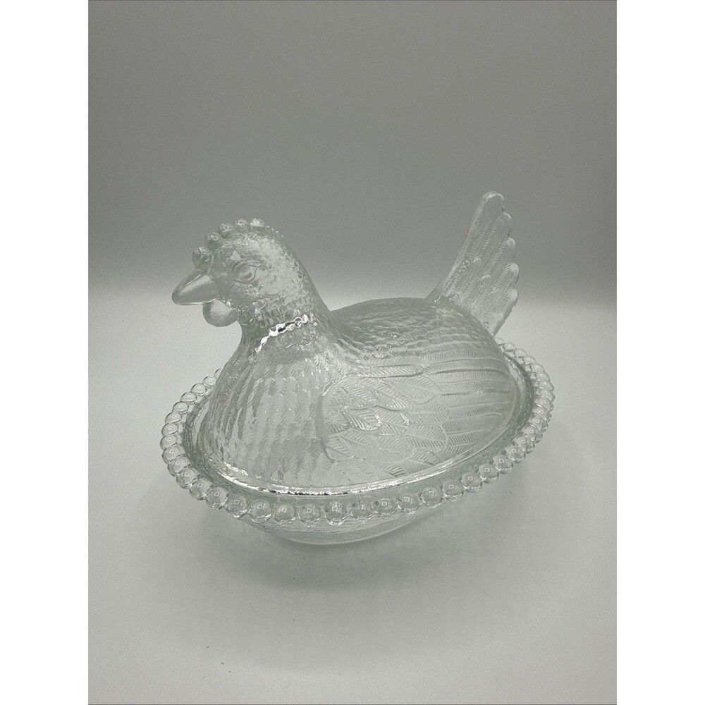 Vintage Indiana Glass Clear Chicken Hen On Nest Covered Candy Dish Mid Century
